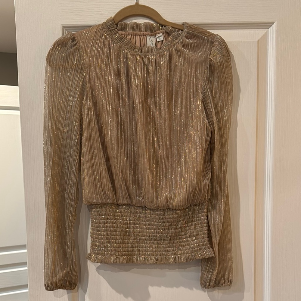 Joie Gold Puff Sleeve Blouse with Pleated Ribbed Design